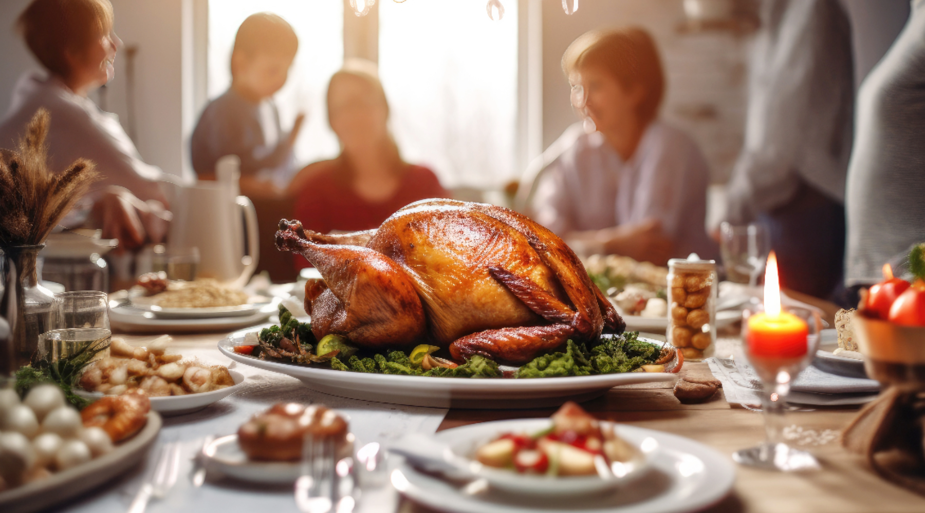Roasted turkey on a platter surrounded by side dishes representing Thanksgiving dinner.