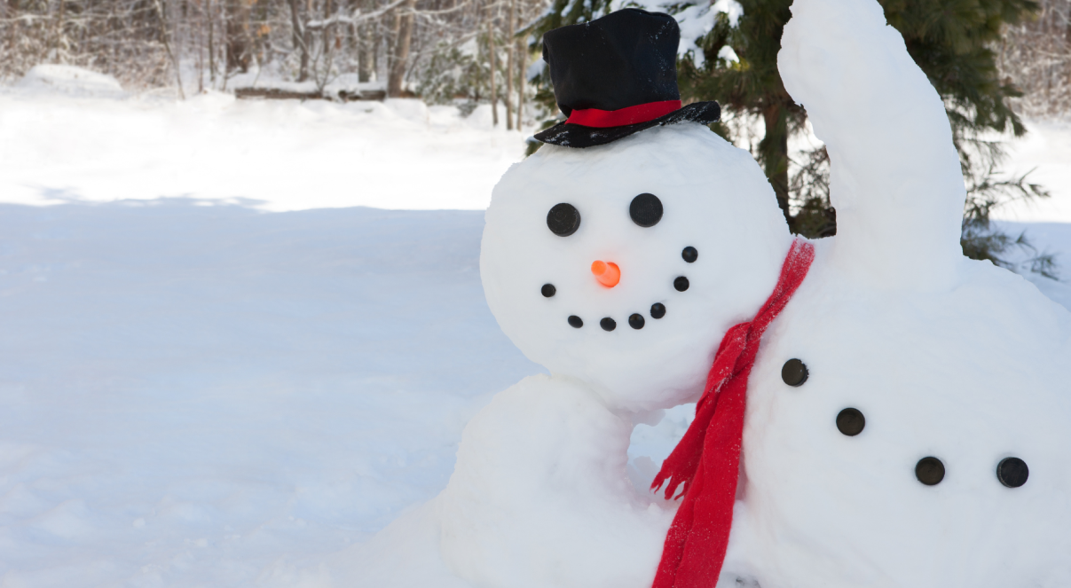 Snowman wearing a black top hat and red scarf in a snowy outdoor setting with trees in the background.