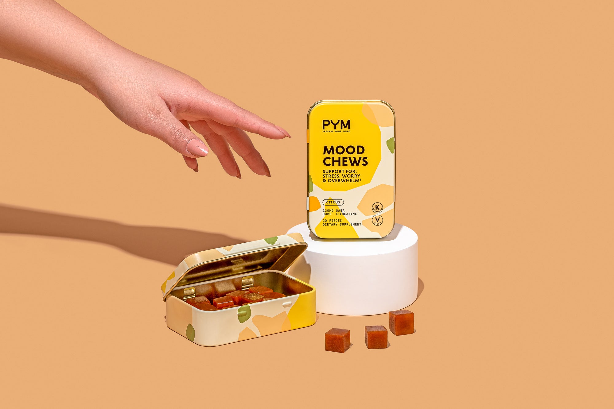 PYM brand Mood Chews with amino acids for reducing stress