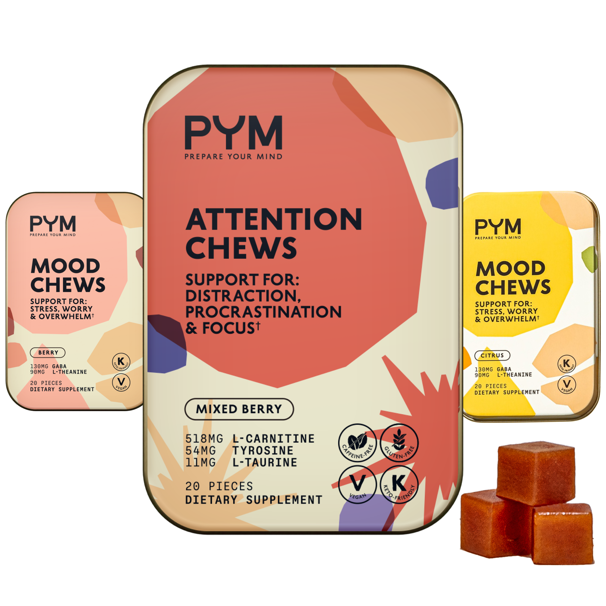 Three PYM dietary supplement packages labeled 'Mood Chews' (Berry and Citrus flavors) and 'Attention Chews' (Mixed Berry), with details on support for stress, distraction, and focus, plus ingredients and dietary icons, alongside three brown chew cubes.