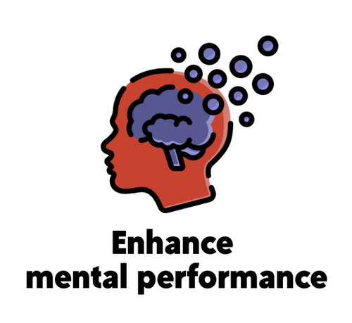Illustration of a red human head silhouette with a purple brain and bubbles floating away, representing enhance mental performance.