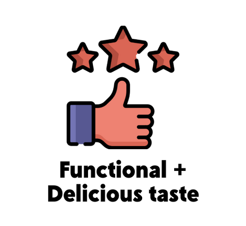 Thumbs-up icon with three stars above, representing positive feedback or high rating representing functional & delicious taste.