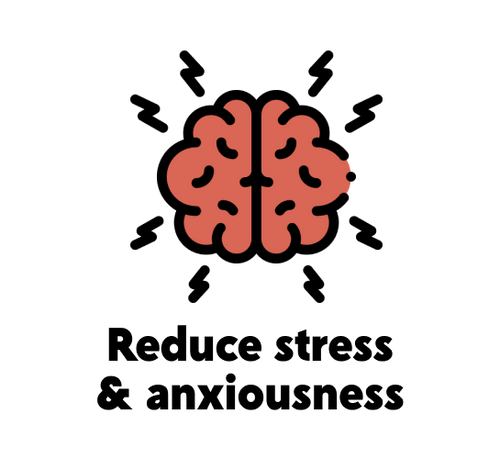 Stylized red brain icon with black background representing reduce stress & anxiousness.