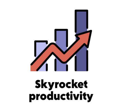 Bar chart with three vertical bars increasing in height from left to right and a red arrow trending upward representing skyrocket productivity.