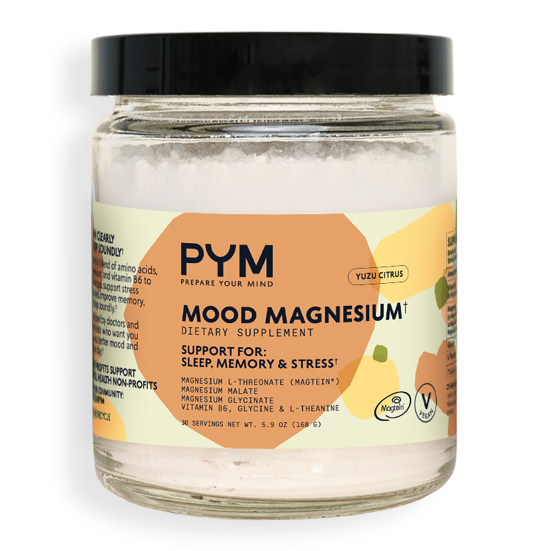 PYM Mood Magnesium sleep dietary supplement jar with Yuzu Citrus flavor, supporting sleep, memory, and stress, containing magnesium L-threonate, magnesium malate, magnesium glycinate, vitamin B6, glycine, and L-theanine.