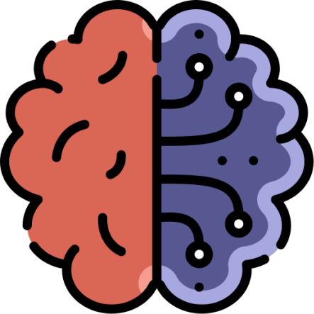 Illustration of a brain split in half, with the left side organic and red, and the right side purple with circuit-like lines representing technology.