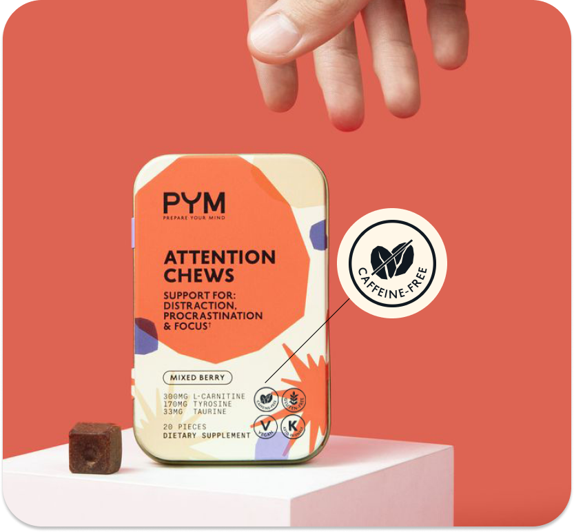 PYM Attention Chews dietary supplement tin with mixed berry flavor, supporting distraction, procrastination, and focus; includes caffeine-free, vegan, and kosher icons, and a single chew piece shown.