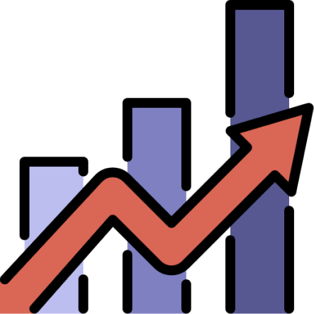 Bar chart with three vertical bars of increasing height and a red arrow trending upward across them, indicating growth.