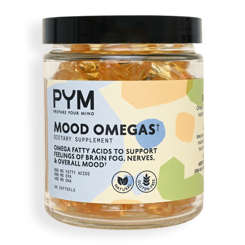 Jar of PYM Mood Omegas dietary supplement softgels with label text: PYM Prepare Your Mind, Mood Omegas, Dietary Supplement, Omega Fatty Acids to Support Feelings of Brain Fog, Nerves, & Overall Mood, 800 mg Fatty Acids, 800 mg EPA, 400 mg DHA, 60 Softgels, Natural, Gluten-Free.