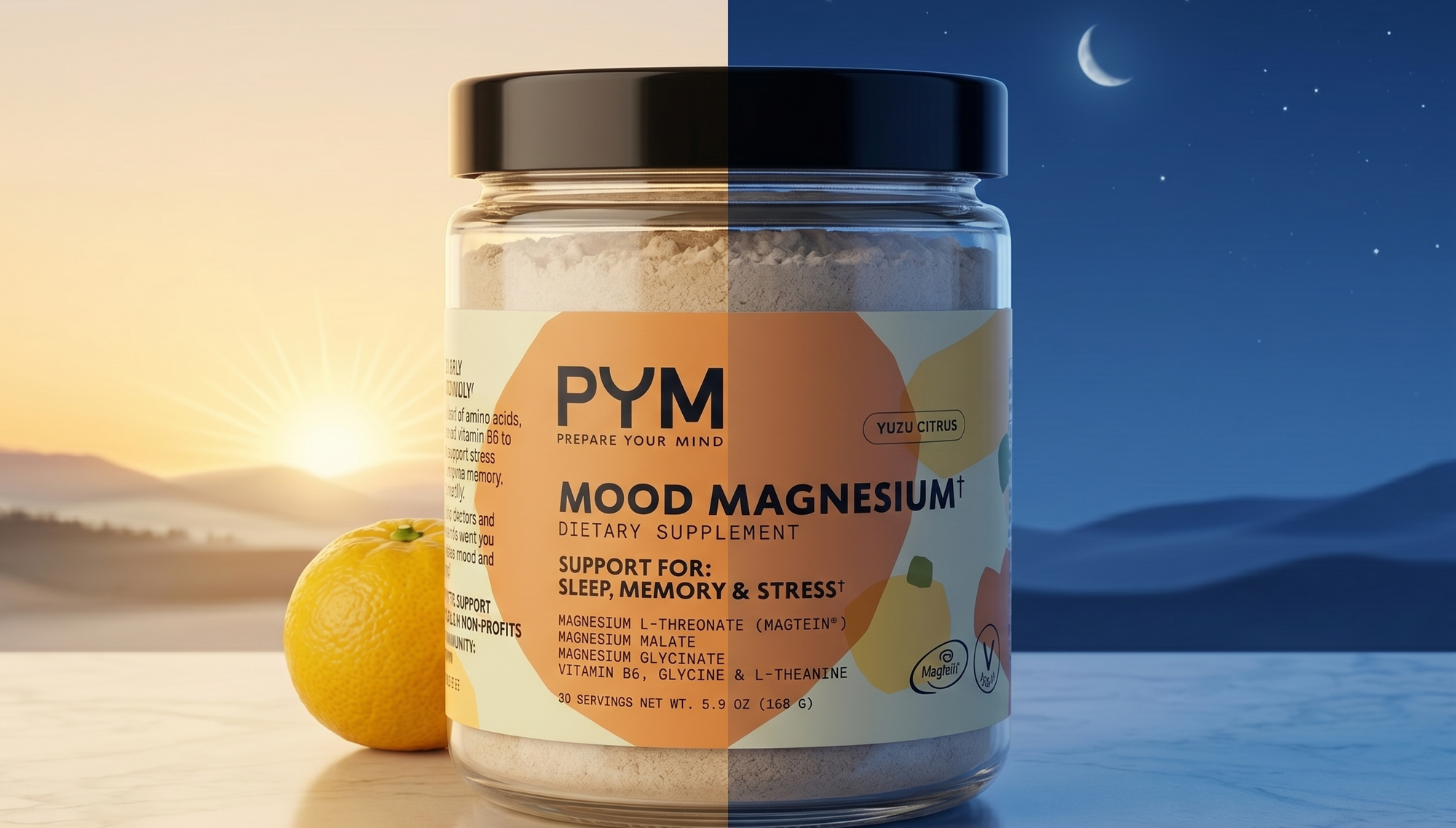morning vs. night scene with jar of PYM mood magnesium