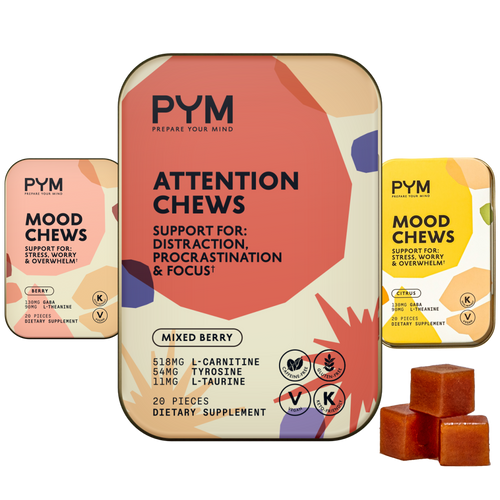 Three PYM dietary supplement packages labeled 'Mood Chews' (Berry and Citrus flavors) and 'Attention Chews' (Mixed Berry), with details on support for stress, distraction, and focus, plus ingredients and dietary icons, alongside three brown chew cubes.