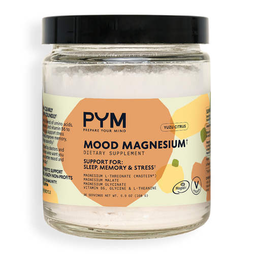 PYM Mood Magnesium sleep dietary supplement jar with Yuzu Citrus flavor, supporting sleep, memory, and stress, containing magnesium L-threonate, magnesium malate, magnesium glycinate, vitamin B6, glycine, and L-theanine.