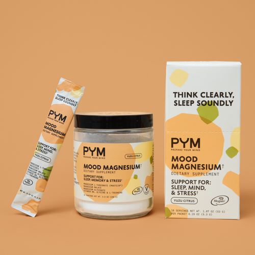 PYM Mood Magnesium sleep dietary supplement bundle with stick pack, jar, and box showing text: THINK CLEARLY, SLEEP SOUNDLY, SUPPORT FOR: SLEEP, MIND, & STRESS, YUZU CITRUS flavor