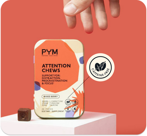PYM Attention Chews dietary supplement tin with mixed berry flavor, supporting distraction, procrastination, and focus; includes caffeine-free, vegan, and kosher icons, and a single chew piece shown.